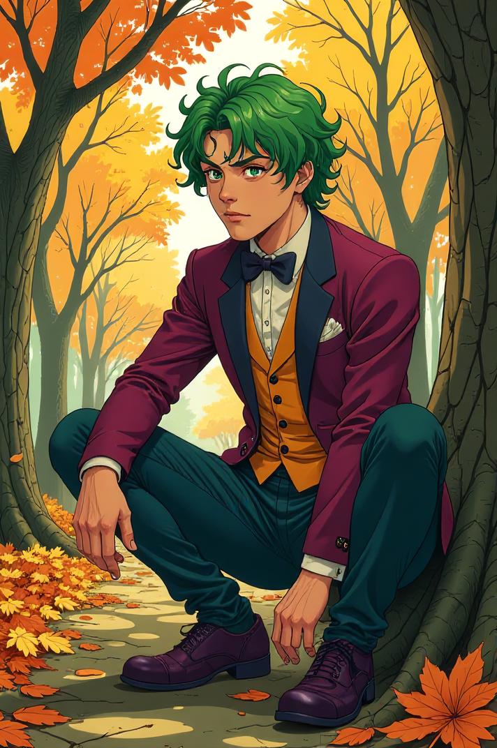 Anime style s Devon Rex from Moulin Rouge universe, Bob Curly lime hair, autumn, ground level shot