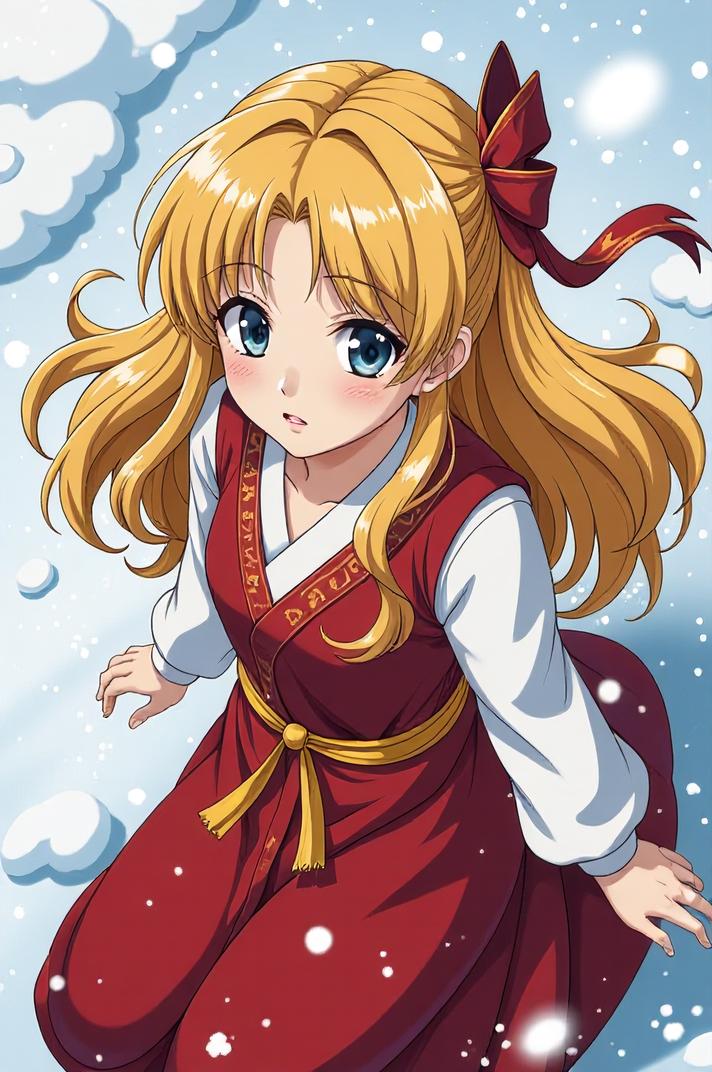 anime style masterpiece,best quality , Lob gold hair, winter