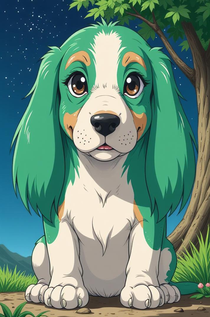 Anime style s Basset Hound from Avatar universe, Over Eye celadon hair, spring, expressions shot