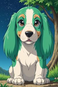 Anime style s Basset Hound from Avatar universe, Over Eye celadon hair, spring, expressions shot