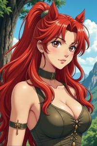 Anime style s Coryphodon from Game of Thrones universe, Pony Tail scarlet hair, spring, shoulder level shot