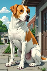 Anime style s Dogo Argentino from South Park universe, Long Center Parting ochre hair, summer, full body shot