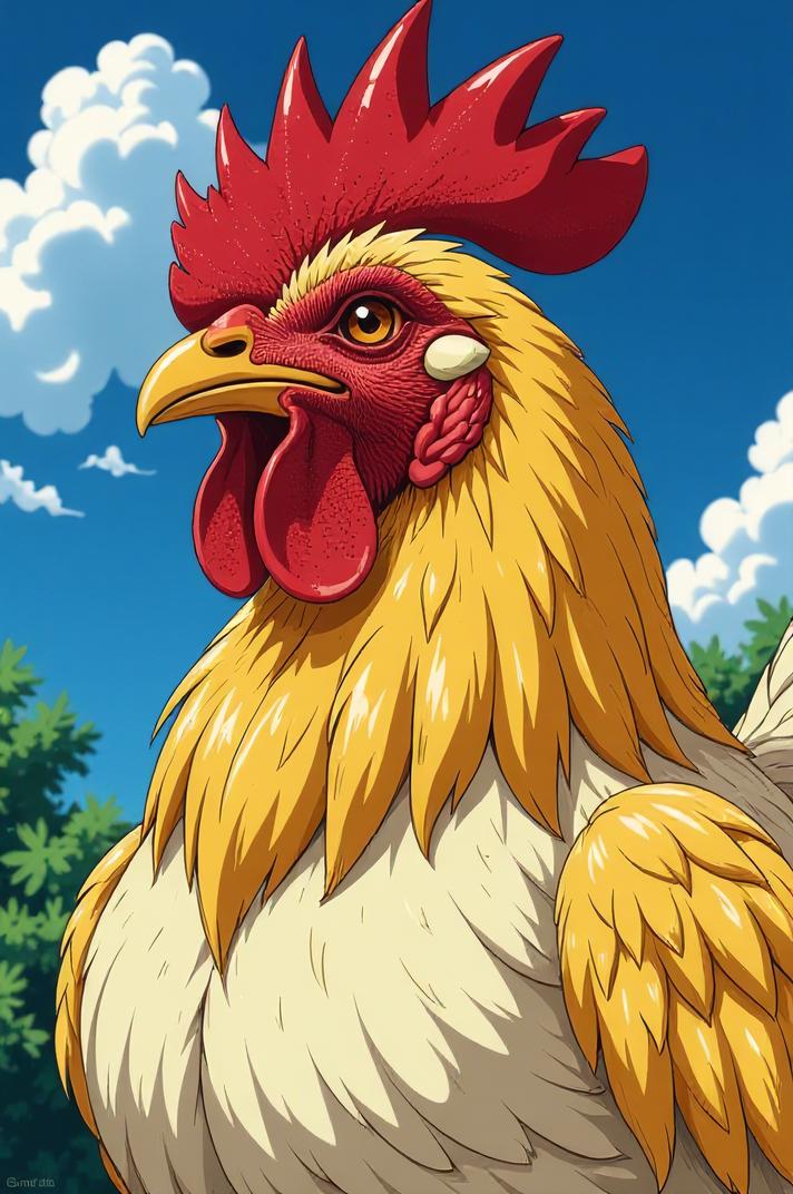 Anime style s Houdan Chicken from Rocketman universe, Buffont gold hair, summer, from above shot