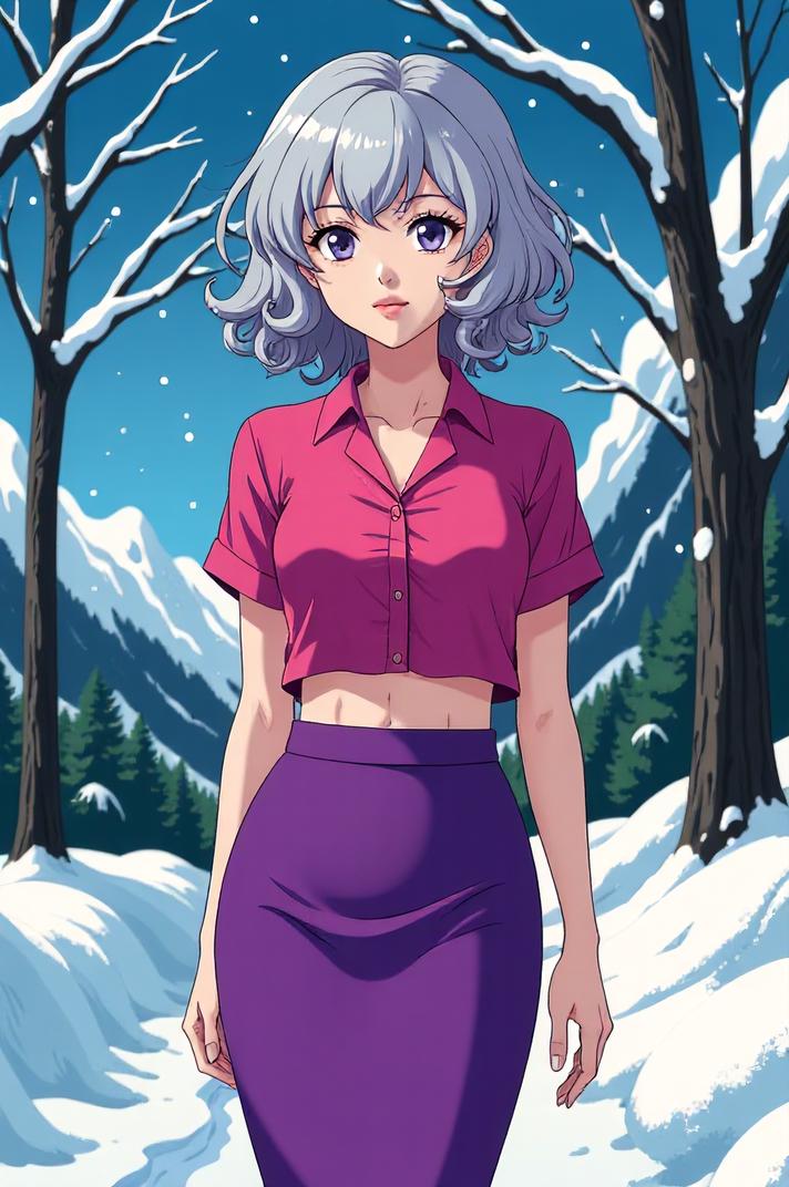 anime style masterpiece,best quality , Top Curls grey hair, winter