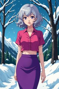 anime style masterpiece,best quality , Top Curls grey hair, winter