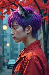 Anime style s Eurasian Wolf from Blade Runner universe, Buzz Cut psychedelic purple hair, autumn, Front side back three views shot