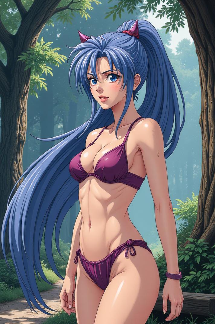 Anime style s Epidexipteryx from Hellraiser universe, Pony Tail blue violet hair, summer, knee level shot