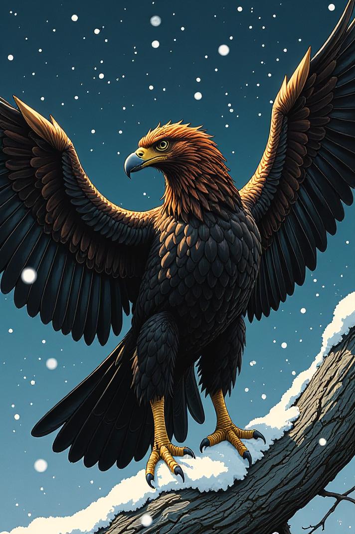 Anime style s Griffon Vulture from Man in black universe, Long Center Parting ochre hair, winter, perspective shot