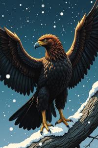Anime style s Griffon Vulture from Man in black universe, Long Center Parting ochre hair, winter, perspective shot