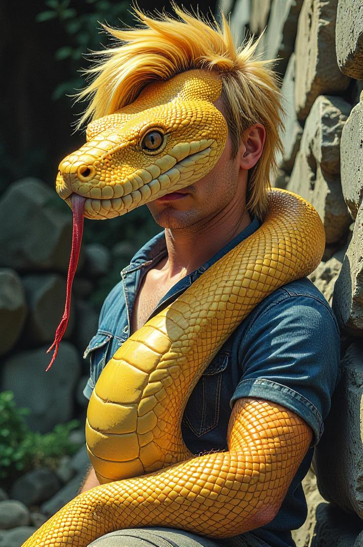 Anime style s Carpet Python from Terminator universe, Flat Top yellow hair, summer, full body shot