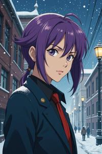 Anime style s Moscow Watchdog from Fifth Element universe, Right Parting han purple hair, winter, low angle shot