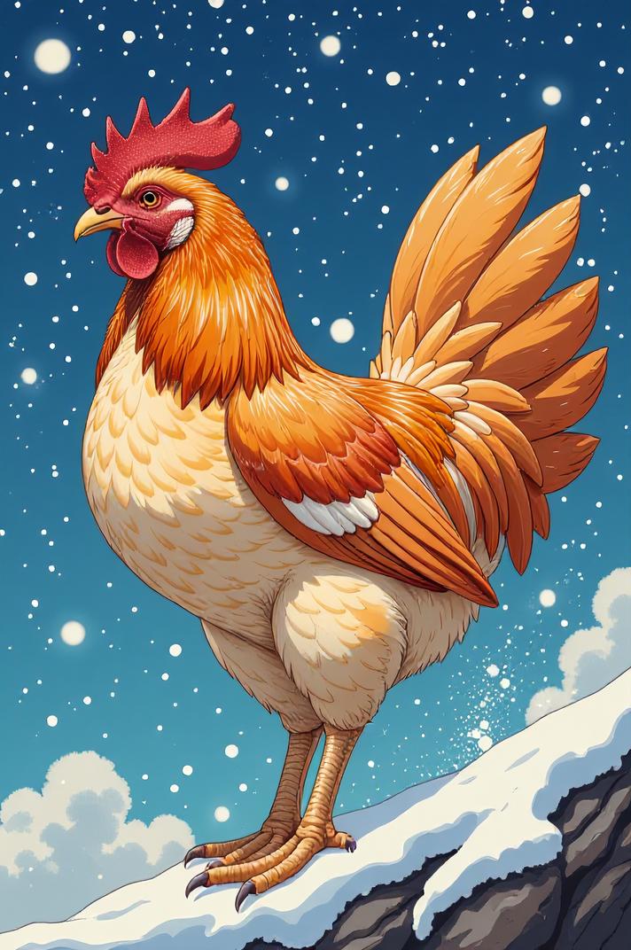 Anime style s Phoenix Chicken from Fargo universe, Over Eye salmon hair, winter, Front side back three views shot