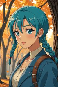 Anime style s Pomeagle from Fallout universe, Cornrows robin egg blue hair, autumn, shoulder level shot