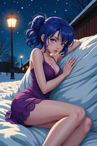 anime style masterpiece,best quality , Bun Curly cobalt hair, winter