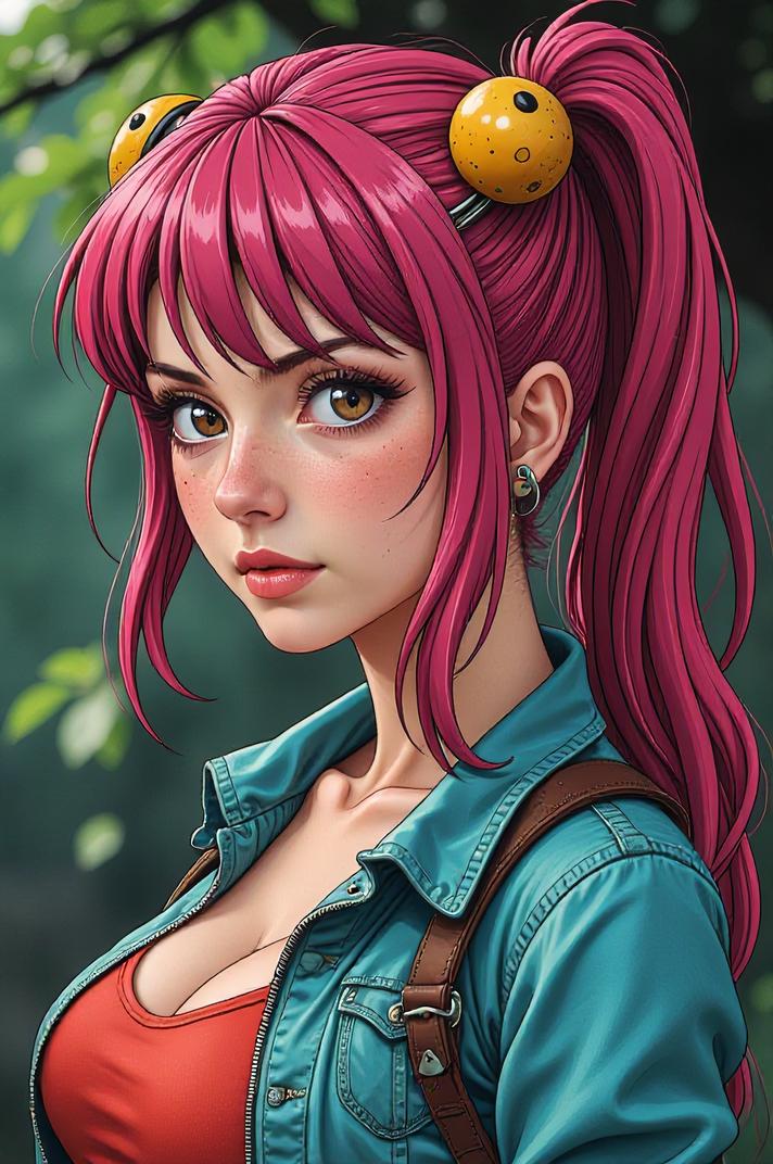 Anime style s Texas Coral Snake from Fallout universe, Grungey Behind Ears plum hair, spring, shoulder level shot