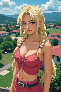 Anime style s Maltese from Kill Bill universe, Longer Braids ecru hair, summer, aerial view shot