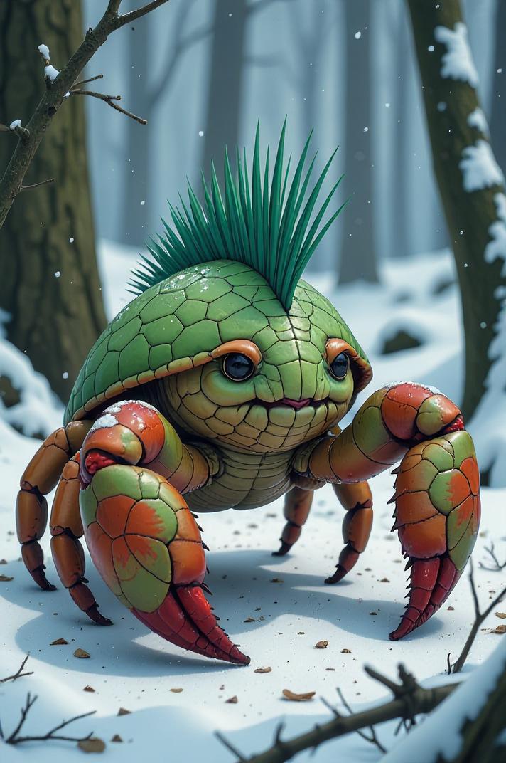 Anime style s Hermit Crab from Game of Thrones universe, Mohawk Short celadon hair, winter, shoulder level shot