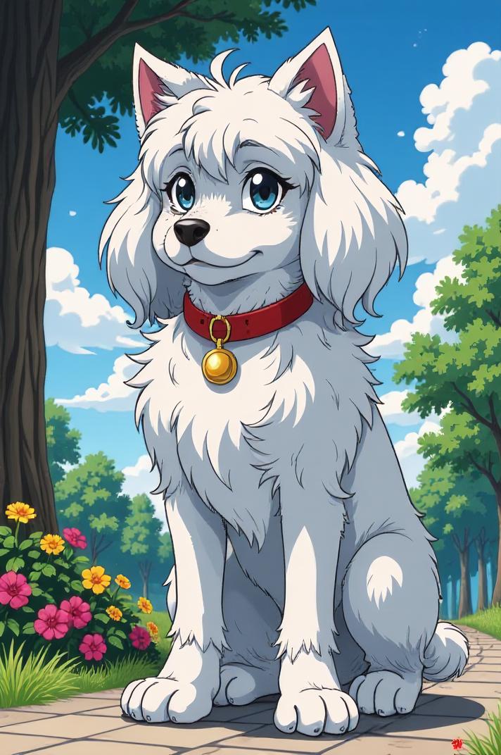 Anime style s Siberpoo from Spirit World universe, Greased Back grey hair, summer, full body shot