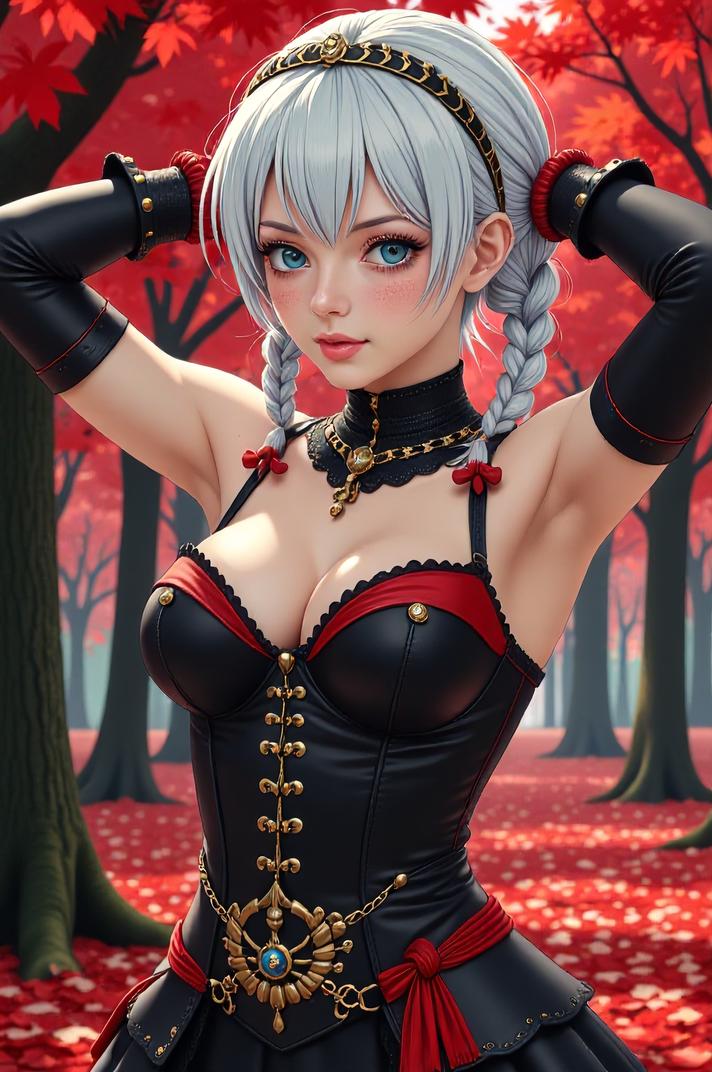 anime style masterpiece,best quality , Braids cinnabar hair, autumn