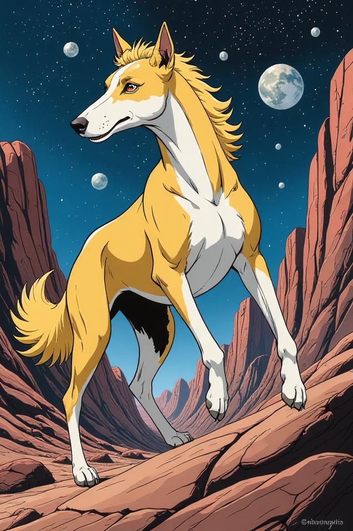 Anime style s Greyhound from Star Trek universe, Bob Curly lemon hair, spring, knee level shot