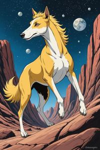 Anime style s Greyhound from Star Trek universe, Bob Curly lemon hair, spring, knee level shot