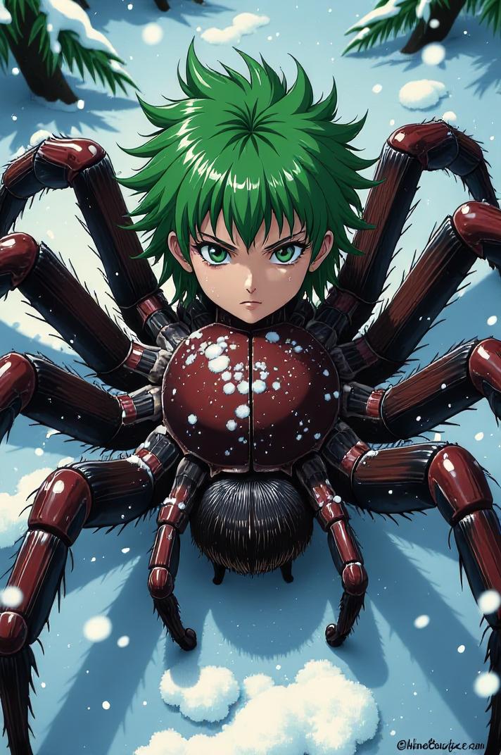 Anime style s Tarantula from Harry Potter universe, Mullet kelly green hair, winter, from above shot