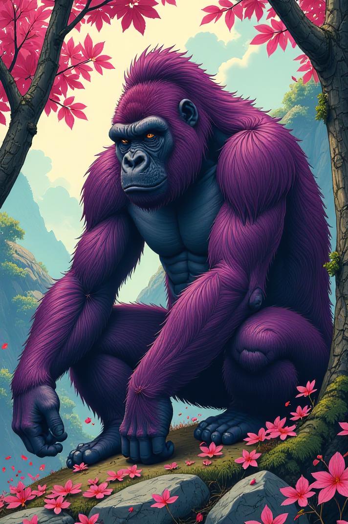 Anime style s Mountain Gorilla from Vertigo universe, Spikes orchid hair, autumn, knee level shot