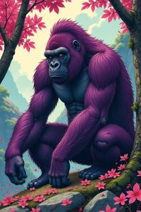 Anime style s Mountain Gorilla from Vertigo universe, Spikes orchid hair, autumn, knee level shot