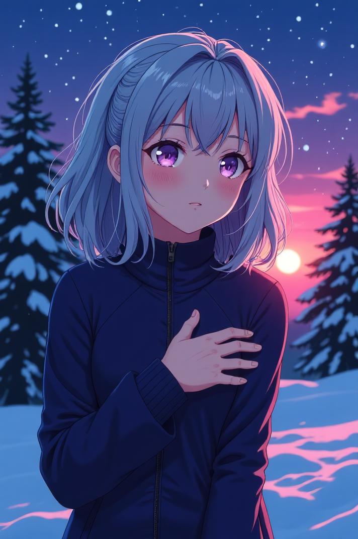 anime style masterpiece,best quality , Mullet Curly grey hair, winter