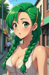 Anime style s Griffonshire from GTA universe, Longer Braids shamrock green hair, summer, shoulder level shot