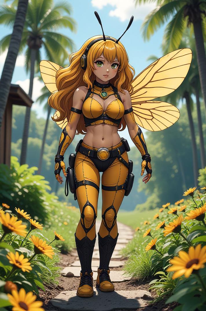 Anime style s Africanized bee killer bee from Warhammer , universe, Rachel ivory hair, summer