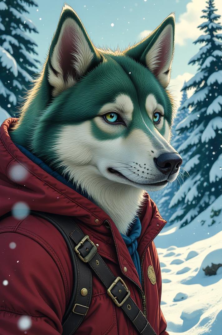 Anime style s Yakutian Laika from Pirates of the Caribbean universe, Grungey Behind Ears chartreuse hair, winter, perspective shot