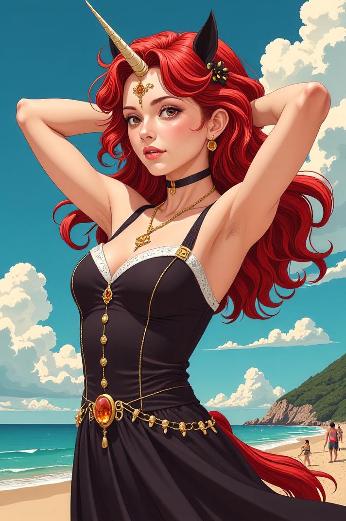 anime style masterpiece,best quality , Top Curls cinnabar hair, summer