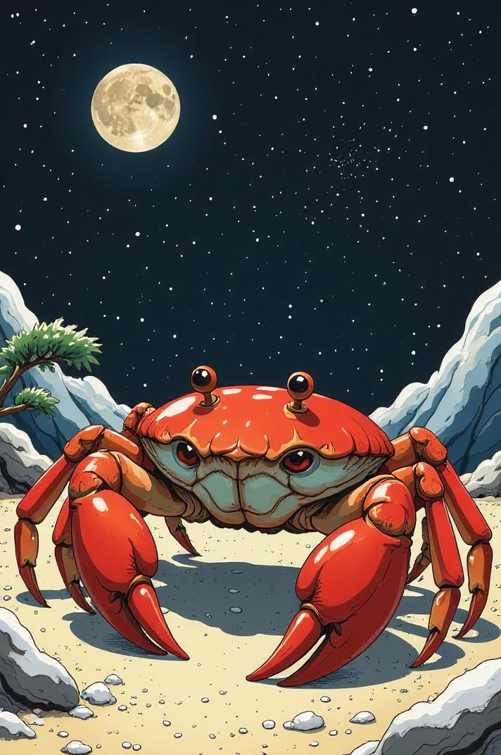 Anime style s Sand Crab from Man in black universe, Top Curls tomato hair, winter, ground level shot