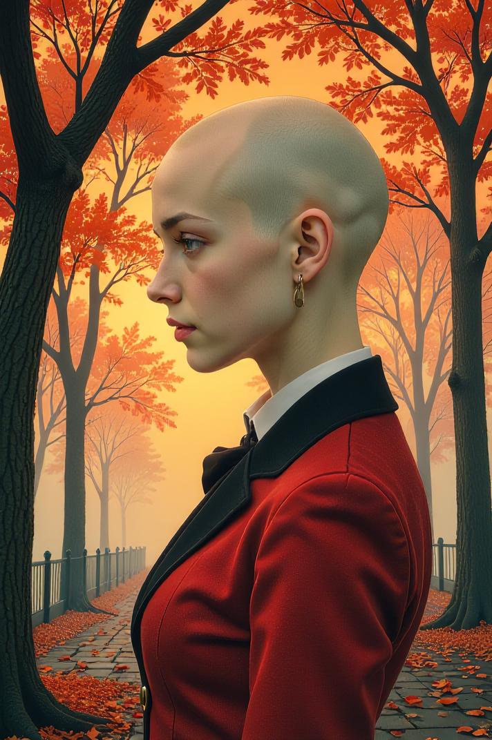 Anime style s Ostracod from Moulin Rouge universe, Bald caput mortuum hair, autumn, Front side back three views shot
