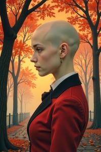 Anime style s Ostracod from Moulin Rouge universe, Bald caput mortuum hair, autumn, Front side back three views shot