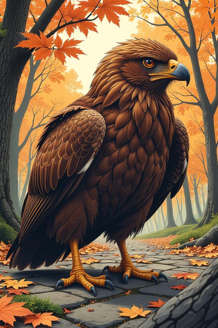 Anime style s Common Buzzard from Marvel universe, Lob Curly tan hair, autumn, ground level shot
