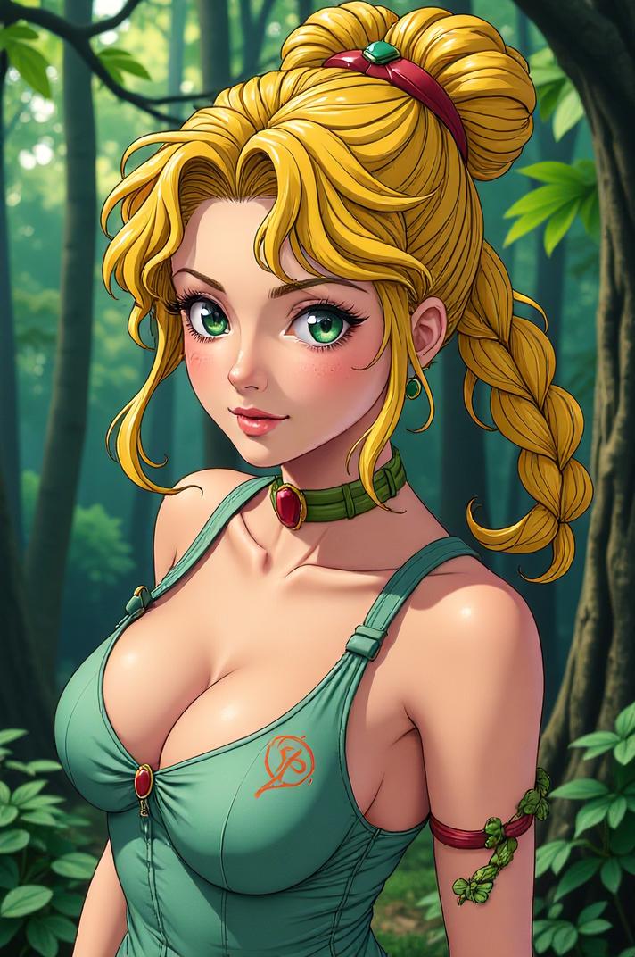 Anime style s Tree Viper Bamboo Viper from Doom universe, Bun Curly mustard hair, summer, high angle shot