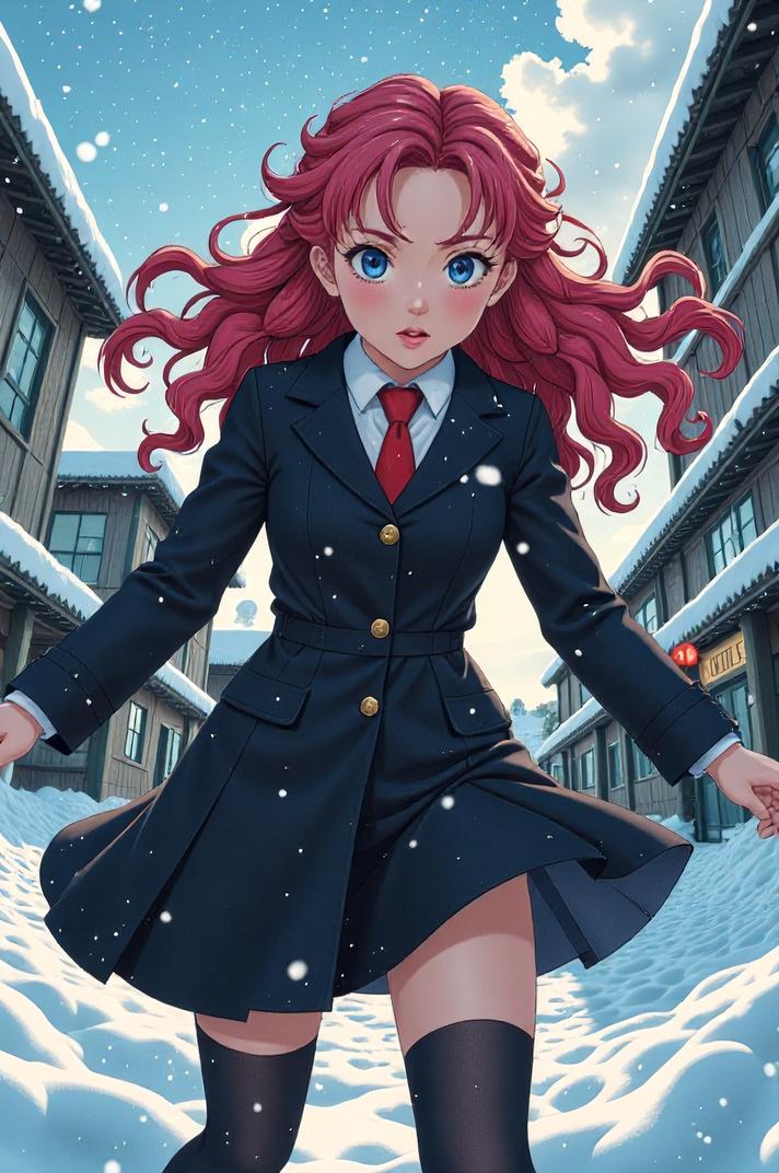 anime style masterpiece,best quality , Long Curly hollywood cerise hair, winter