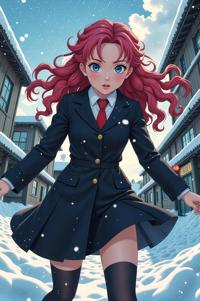 anime style masterpiece,best quality , Long Curly hollywood cerise hair, winter