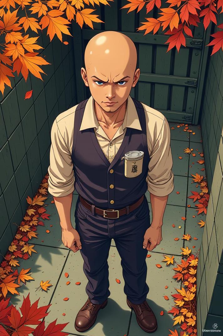 Anime style s Snorkie from Prison universe, Bald brown hair, autumn, from above shot