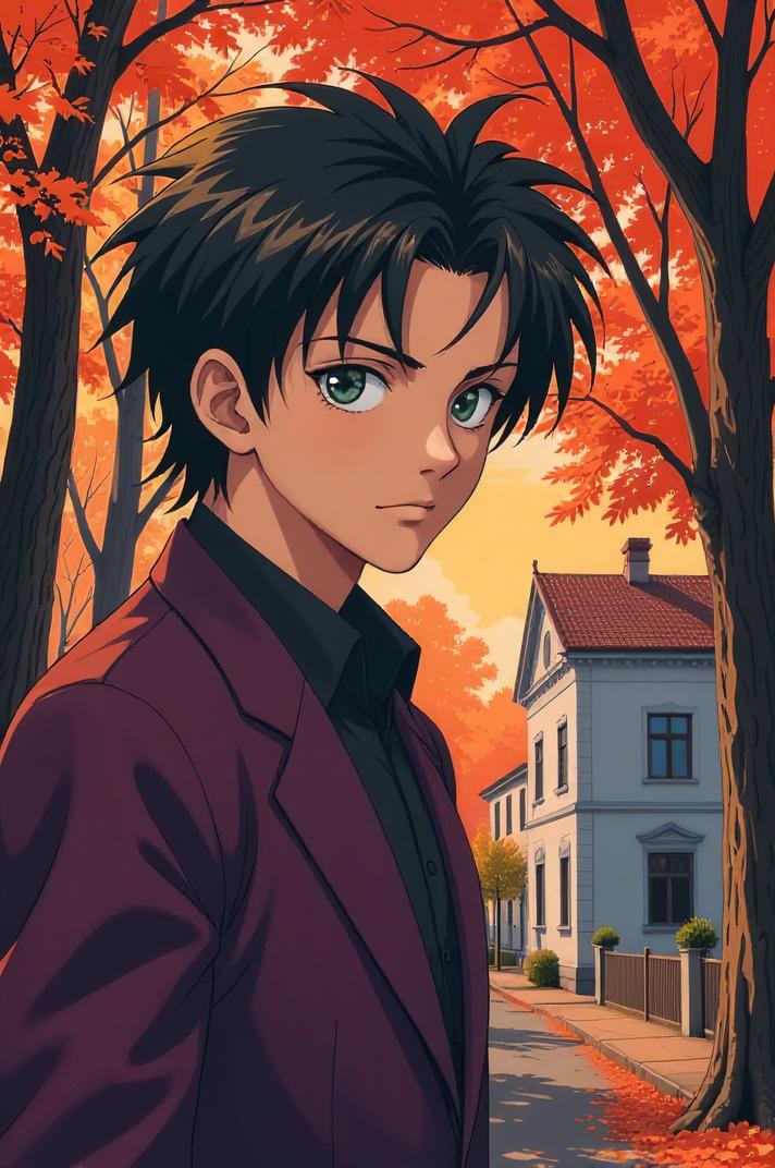 Anime style s Cesky Fousek from Resident evil universe, Greased Back razzmatazz hair, autumn, perspective shot
