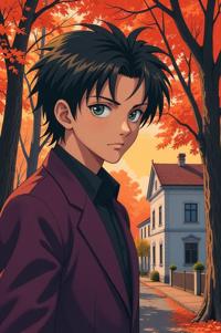 Anime style s Cesky Fousek from Resident evil universe, Greased Back razzmatazz hair, autumn, perspective shot