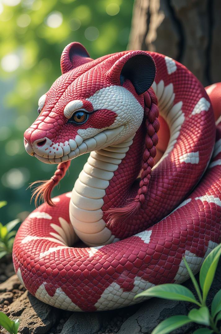 Anime style s Panda Pied Ball Python from World of warcraft universe, Cornrows alizarin hair, summer, low angle shot