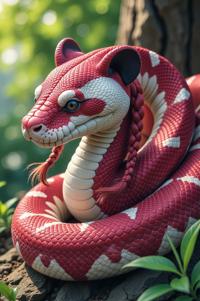 Anime style s Panda Pied Ball Python from World of warcraft universe, Cornrows alizarin hair, summer, low angle shot