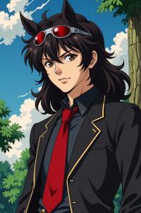 Anime style s Devils Coach Horse Beetle from Fargo universe, Mullet Curly raw umber hair, spring, shoulder level shot