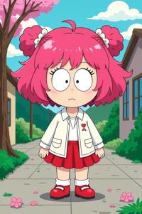 Anime style s Double Doodle from South Park universe, Top Curls cherry blossom pink hair, spring, hip level shot