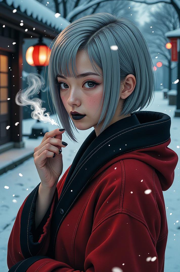 anime style masterpiece,best quality , Buzz Cut chestnut hair, winter