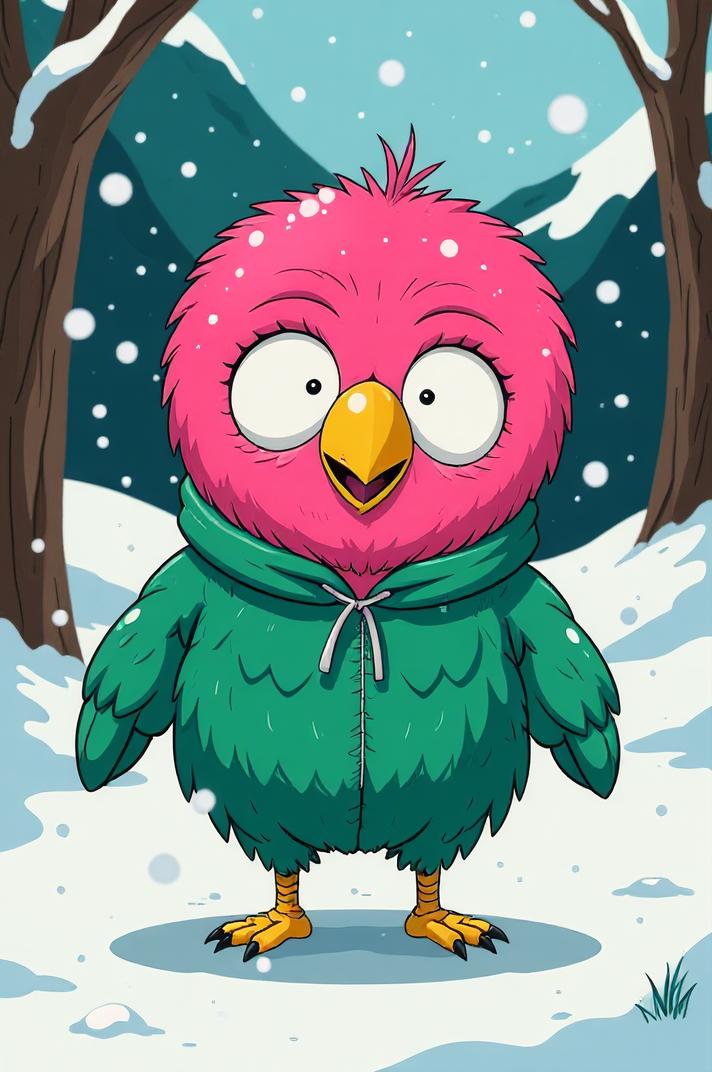 Anime style s Kakapo from South Park universe, Bald shocking pink hair, winter, perspective shot