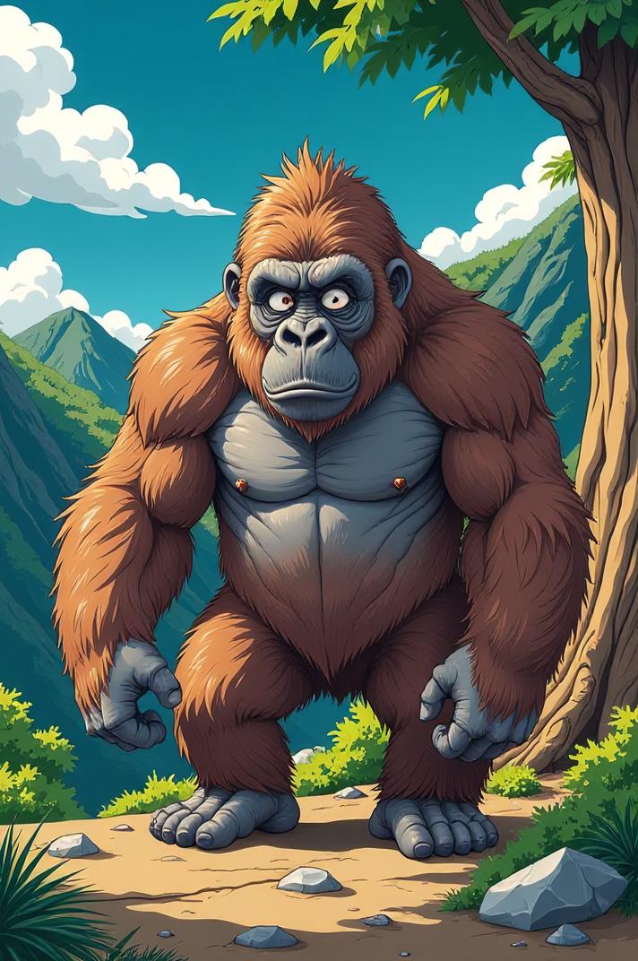 Anime style s Mountain Gorilla from South Park universe, Over Left Eye beige hair, spring, ground level shot